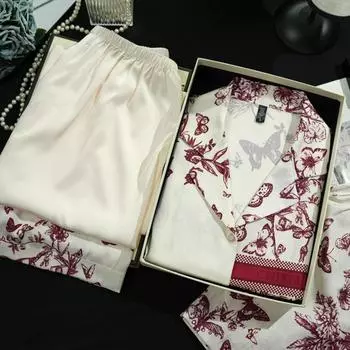 Пижама из трех частей Ice Silk, женская, с короткими рукавами, красная, с принтом бабочек, летняя, мягкая, с V-образным вырезом M слоновая кость