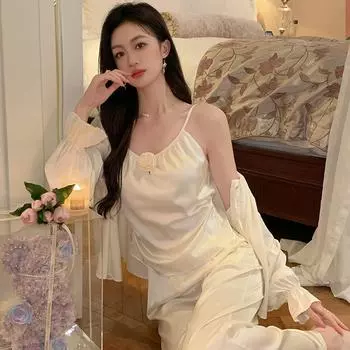 Пижама из трех предметов во французском стиле, женская, весна-осень, ледяной шелк, тонкий, сексуальный, однотонный, с длинными рукавами, костюм для дома S бежевый