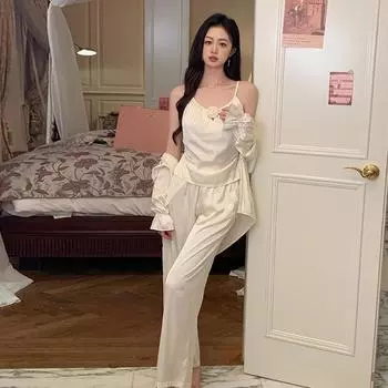 Пижама из трех предметов во французском стиле, женская, весна-осень, ледяной шелк, тонкий, сексуальный, однотонный, с длинными рукавами, костюм для дома S бежевый