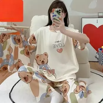 Пижама из трех предметов, женская, с короткими рукавами, молочный шелк, брюки, шорты, свободная одежда для дома, с буквами, мультяшный медведь, костюм из двух предметов Average