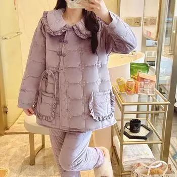 Пижама из утолщенного бархата с кукольным воротником в стиле принцессы для женщин, новый зимний фланелевый комплект, домашняя одежда кораллового цвета, женская ночная рубашка в стиле ретро M бежевый