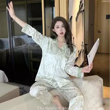 Пижама из золотого бархата для женщин, новая осенне-зимняя домашняя одежда с длинным рукавом M