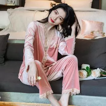 Пижама из золотого бархата для женщин, осенне-зимняя, с длинными рукавами, брюки, кардиган, сексуальный кружевной костюм, домашняя одежда, которую можно носить M