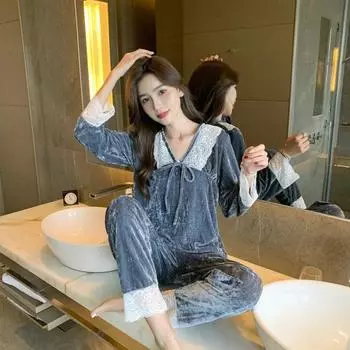 Пижама из золотого бархата для женщин, зимние брюки с длинными рукавами, симпатичный свободный костюм принцессы для дома, женские пижамные комплекты, ночная одежда M