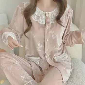 Пижама из золотого бархата в стиле принцессы для женщин: Теплый, с длинными рукавами, с кружевной отделкой, идеально подходит для отдыха осенью и зимой. M