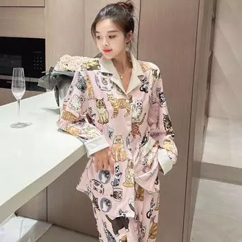 Пижама Комплект из двух предметов Женская пижама с принтом мультяшного кота Брюки с длинными рукавами Домашняя пижама M