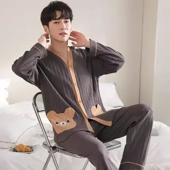 Пижама мужская 2025 весна и осень мультфильм длинные рукава брюки кимоно кардиган хлопок повседневный свободный большой размер можно носить на улицу домашняя одежда костюм L