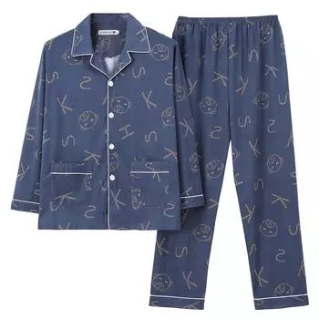 Пижама мужская большого размера осенне-зимняя с цветочным принтом и длинными рукавами, повседневная простая мягкая домашняя одежда, молодежная одежда для сна, комплект из двух предметов, одежда для отдыха L