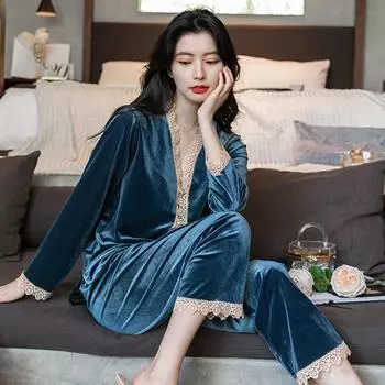 Пижама на пуговицах, сексуальный женский пижамный комплект, бархатная одежда для сна, домашняя одежда со штанами, 2 шт., пижамы, нижнее белье, одежда для дома L бордовый