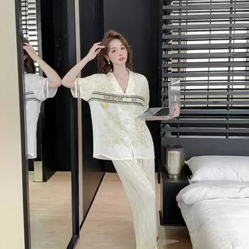 Пижама нового стиля для женщин, летние тонкие брюки с короткими рукавами, шелковый прохладный шелковый домашний костюм, весна и осень M