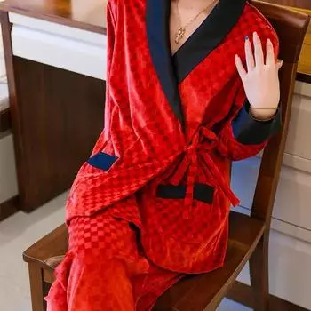 Пижама осенне-зимняя женская бархатная пижама из 2 предметов домашняя одежда кардиган брюки комплект повседневная бархатная домашняя одежда M