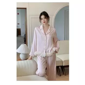 Пижама осенняя милая принцесса стиль принтованный длинный рукав брюки костюм домашняя одежда наряд для женщин S розовый