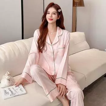 Пижама, повседневные брюки с длинными рукавами, пижамный комплект, темная принтованная домашняя одежда, осенняя атласная домашняя одежда, пижамы M розовый