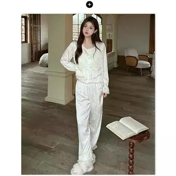 Пижама Pure Desire Sling из трех предметов во французском стиле, весенне-летняя, из тонкого шелка, с длинными рукавами, повседневная домашняя одежда M бежевый