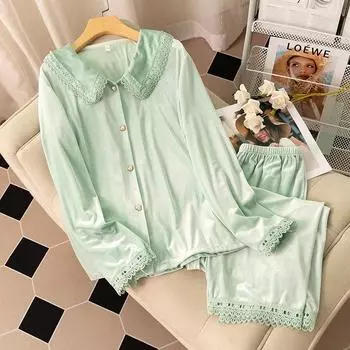 Пижама с бархатными лацканами, женская сексуальная пижама с кружевной отделкой, свободная повседневная домашняя одежда, кардиган с длинными рукавами, брюки, домашняя одежда из двух частей M