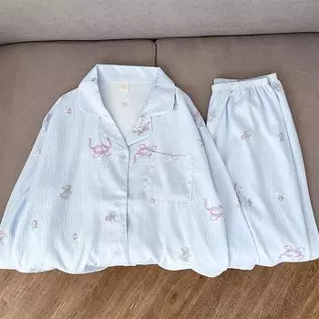 Пижама с цветочным принтом и галстуком-бабочкой, женская, простая, повседневная, мягкая, весенняя, домашняя, для женщин, с длинным рукавом, с отворотом, ночная рубашка XL