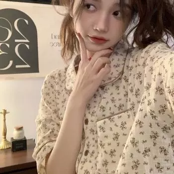 Пижама с цветочным принтом, женский пижамный комплект, корейская летняя пижама из 2 предметов, милая домашняя одежда для студентов M