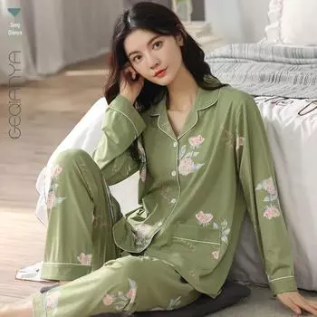 Пижама с длинными рукавами из 100% хлопка для женщин — свободный крой на весну и осень, идеально подходит для мам среднего возраста Double Extra Large