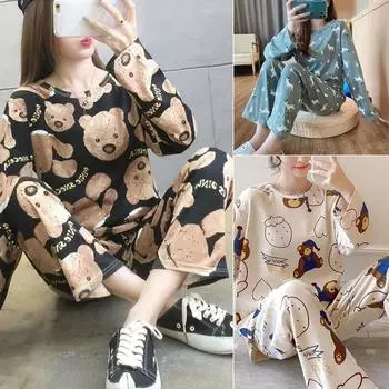 Пижама с длинными рукавами женская осенне-зимняя корейская версия большого размера женская домашняя одежда милый пижамный комплект с мультяшным медведем M