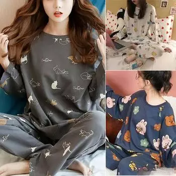 Пижама с длинными рукавами женская осенне-зимняя милая студентка может носить костюм из двух частей домашняя одежда цветы мультяшный белый крокодил M серый