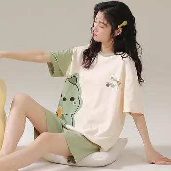 Пижама с короткими рукавами для девочек, комплект домашней одежды, пижама с круглым вырезом, студенческий комплект для общежития с героями мультфильмов, летняя одежда, женская домашняя одежда M красный