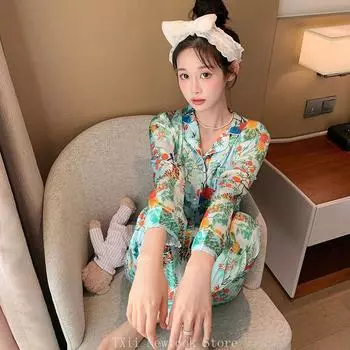 Пижама с кристальными пуговицами, женская шелковая пижама с длинными рукавами, костюм с цветочным принтом, высококачественный ледяной шелк, можно носить на улице, домашняя одежда M