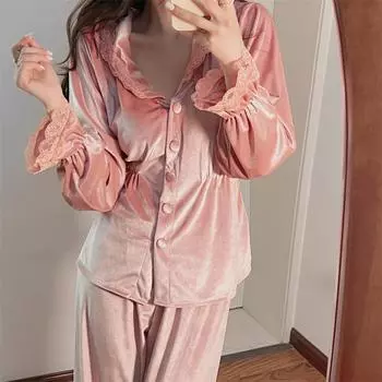 Пижама с лацканами и пуговицами, сексуальная пижама на пуговицах, женская ночная рубашка, велюровый костюм из 2 предметов, рубашка и брюки, повседневная домашняя одежда M розовый