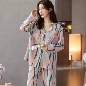 Пижама с нагрудными вкладышами 2025 Весна Осень Женский Пижамный Комплект Красочные Полоски Пижама для Женщин С Длинным Рукавом Пижамы Для Отдыха Ночная Одежда Домашняя Одежда M