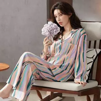 Пижама с нагрудными вкладышами весна-осень 2025 г. Женский пижамный комплект в разноцветную полоску Пижама для женщин с длинным рукавом Пижамы для отдыха Домашняя одежда M