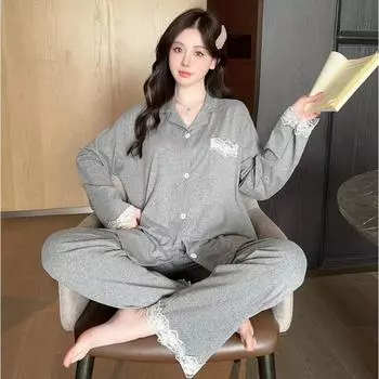 Пижама с отворотом и воротником-лацканом, весенняя повседневная универсальная женская однотонная простая кружевная пижама с рисунком для женщин, корейская одежда для сна XXXL