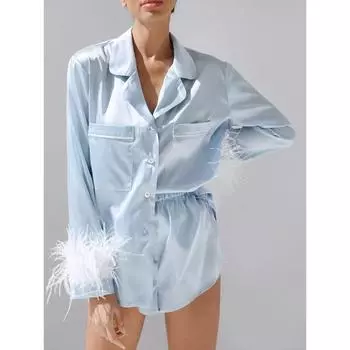 Пижама с перьями, женский комплект из 2 предметов, одежда для сна с длинными рукавами, шелковый хлопок, легкая роскошная пижама из страусиной шерсти, осенний шикарный ночной костюм S синий