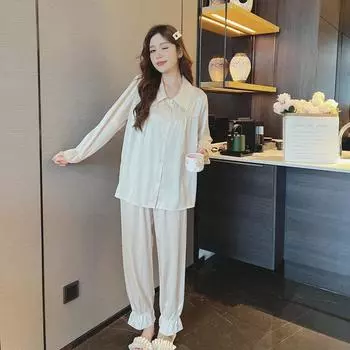 Пижама с принтом для женщин, летняя, новый стиль, кружево, ледяной шелк, дворцовый стиль, удобная и мягкая пижамная комплект M