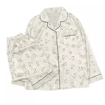 Пижама с принтом кролика Kawaii, атласная шелковая женская пижама, тонкая пижама, новая женская пижама с лацканами, с длинными рукавами M