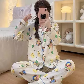 Пижама с принтом Love Bear, женская зимняя, с длинным рукавом, комплект из двух предметов, модная, кавайная, милая M