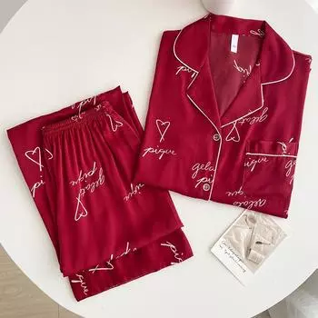 Пижама с принтом на лацканах, леопардовая рубашка, брюки, ночная рубашка, домашняя одежда, длинный рукав, ледяной шелк, сексуальная кружевная кайма, домашняя одежда 2 шт. M