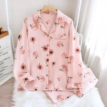 Пижама с принтом персикового цвета, весна и осень, новый милый и милый комплект домашней одежды, хлопковая пижама с лацканами, свободная домашняя одежда, пижама M розовый
