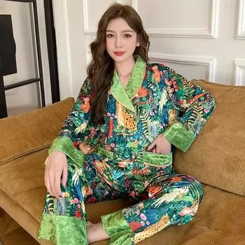 Пижама с принтом тигра и джунглей, женская теплая пижама, ночной комплект, теплая пижама, осенний новый бархатный пижамный комплект M зелёный