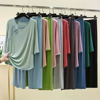 Пижама с пряжкой женская весна-лето свободный крой брюки больших размеров домашняя одежда комплект из двух предметов верхняя одежда XL красный