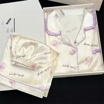 Пижама с рисунком из листьев лотоса и цветка сбоку для женщин, короткая женская домашняя одежда с рисунком фиолетового медведя M