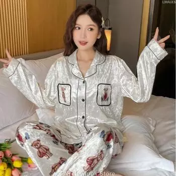 Пижама с рисунком медведя на осень и зиму, женская, золотистая, бархатная, с лацканами, кардиган с длинным рукавом, брюки, простая повседневная домашняя одежда M