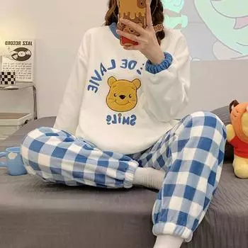 Пижама с рисунком, зимний коралловый бархатный теплый хлопковый костюм, брюки с длинными рукавами, комплект из двух предметов, женская пижама M