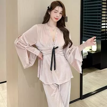 Пижама с V-образным вырезом и длинным рукавом, домашняя одежда, пижама в стиле принцессы, комплект из 2 предметов, домашняя одежда, теплая пижама, пижамный костюм, осенние брюки M розовый