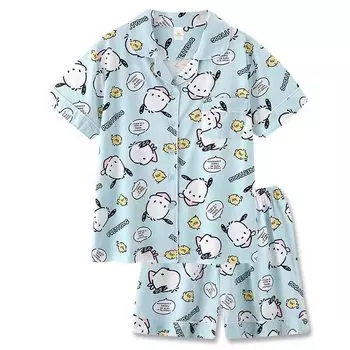 Пижама Sanrio Pochacco, летняя, хлопковая, с коротким рукавом, милая, комнатная, домашняя одежда, шорты, комплект из 2 предметов, тонкая, удобная, мягкая, впитывающая пот, дышащая, свободная