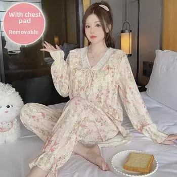 Пижама Sweet & Cute Cloud Cotton для женщин - нагрудные накладки, длинные рукава, брюки, размер плюс, 230 Catty, идеально подходит для весны и осени XL