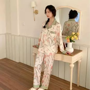 Пижама-тюльпан для женщин, сладкий и тонкий стиль, картина маслом, имитация сельской местности, шелк для женщин, тонкий стиль домашней одежды M бежевый