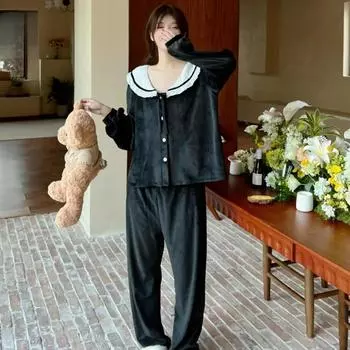 Пижама в дворцовом стиле для женщин, осень-зима, новый островной бархат, милый наряд принцессы, комплект из двух предметов для дома M чёрный