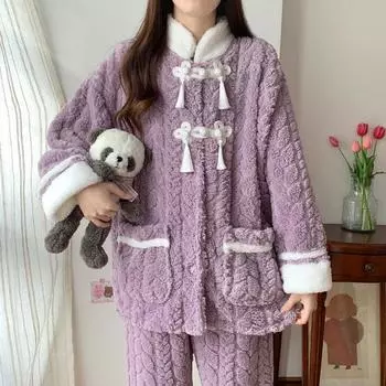 Пижама в китайском стиле из кораллового флиса, женская зимняя плюшевая плотная ночная рубашка, свободная повседневная домашняя одежда, теплая фланелевая одежда для отдыха M фиолетовый
