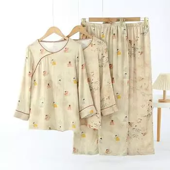 Пижама в китайском стиле, женские брюки с длинными рукавами, весенне-летний комплект одежды для дома из тонкого бамбукового хлопка и двухслойной марли M