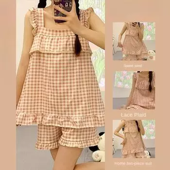 Пижама в клетку женская с короткими рукавами однотонная бретелька через шею комплект из двух предметов без рукавов студенческая ночная рубашка домашняя одежда одежда для сна одежда для отдыха M красный