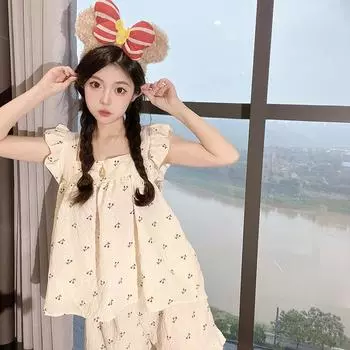 Пижама в корейском стиле для женщин, комплект из хлопчатобумажной марли с принтом вишни, топ с короткими рукавами + шорты, домашняя одежда с оборками, приятная для кожи M